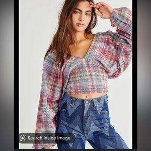 Free People size M plaid rainbow Marlene crop top long sleeve shirt top blouse